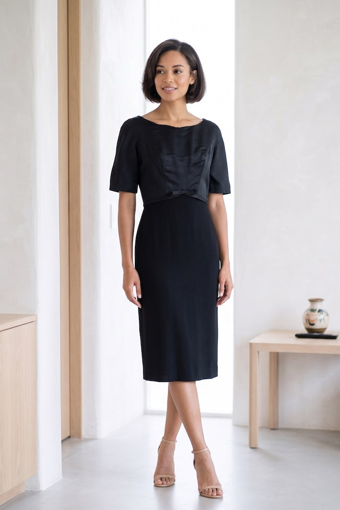 Vintage Black Satin Crepe Cocktail Dress-ThisBlueBird