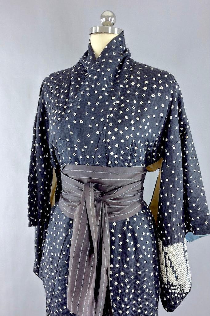 Vintage Black Shibori Mountains Silk Kimono-ThisBlueBird