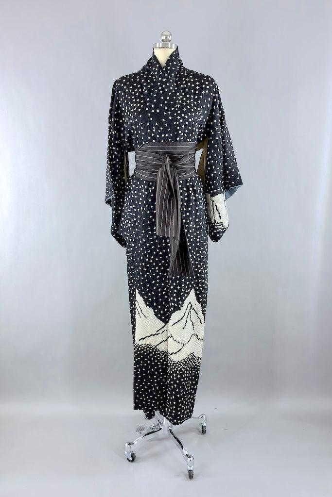 Vintage Black Shibori Mountains Silk Kimono-ThisBlueBird