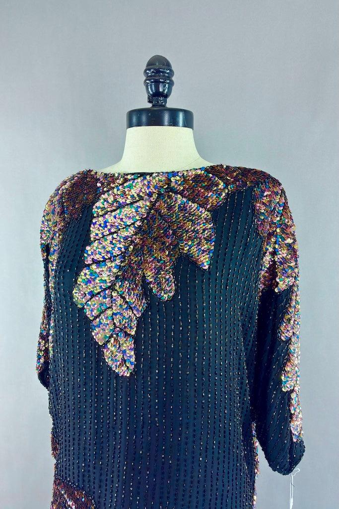Vintage Black Silk Sequined Top-ThisBlueBird