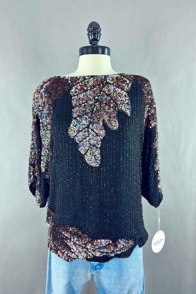 Vintage Black Silk Sequined Top-ThisBlueBird