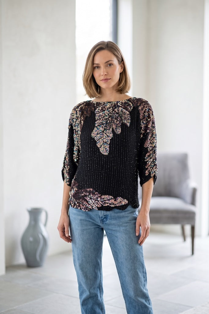 Vintage Black Silk Sequined Top-ThisBlueBird