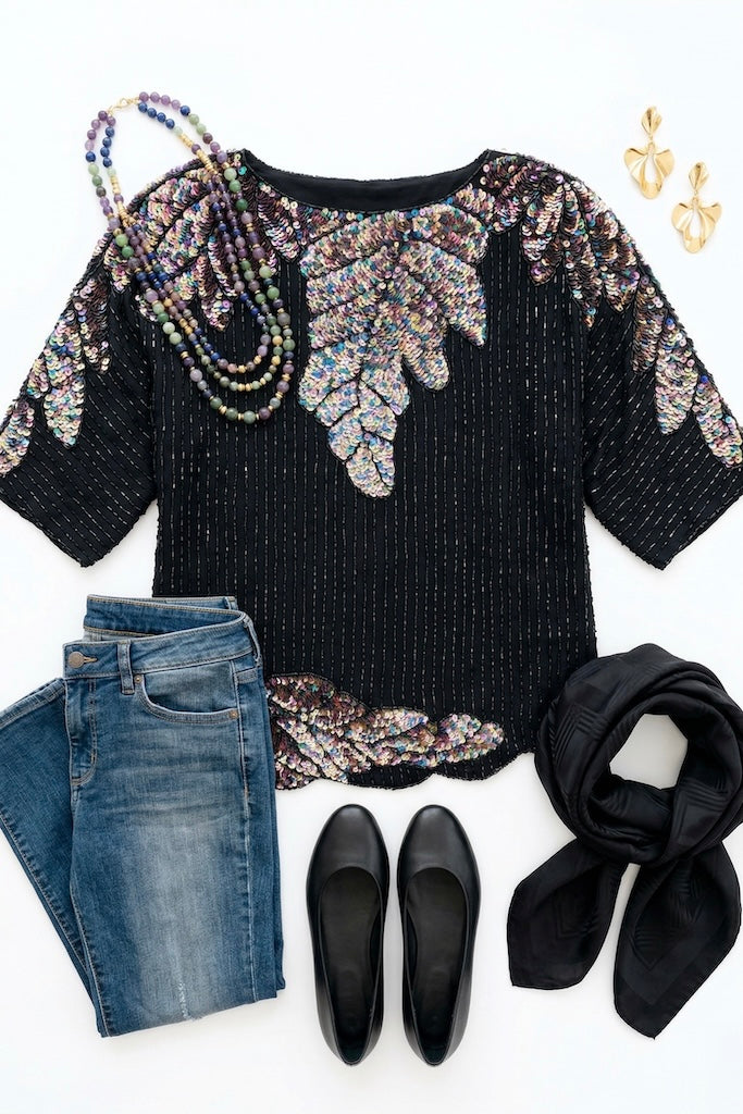 Vintage Black Silk Sequined Top-ThisBlueBird