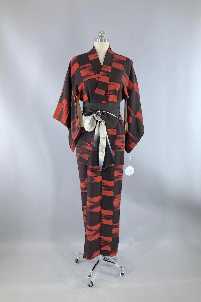 Vintage Black &amp; Terra Cotta Silk Kimono Robe-ThisBlueBird