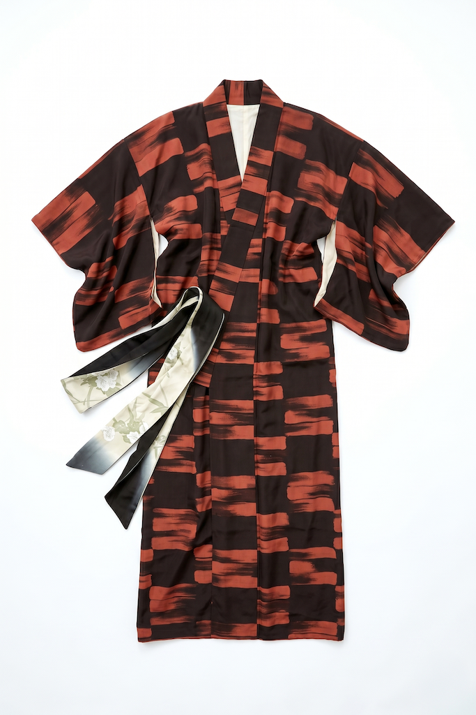 Vintage Black & Terra Cotta Silk Kimono Robe-ThisBlueBird