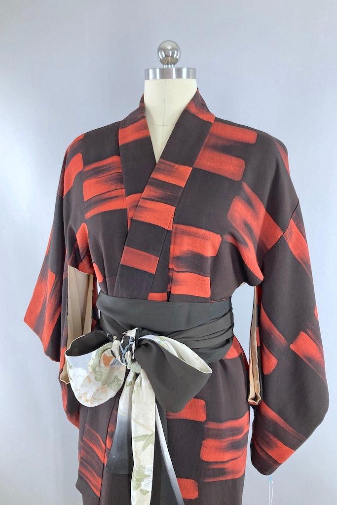 Vintage Black &amp; Terra Cotta Silk Kimono-ThisBlueBird