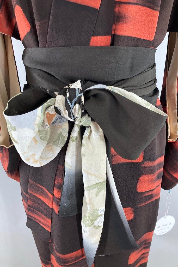 Vintage Black &amp; Terra Cotta Silk Kimono-ThisBlueBird