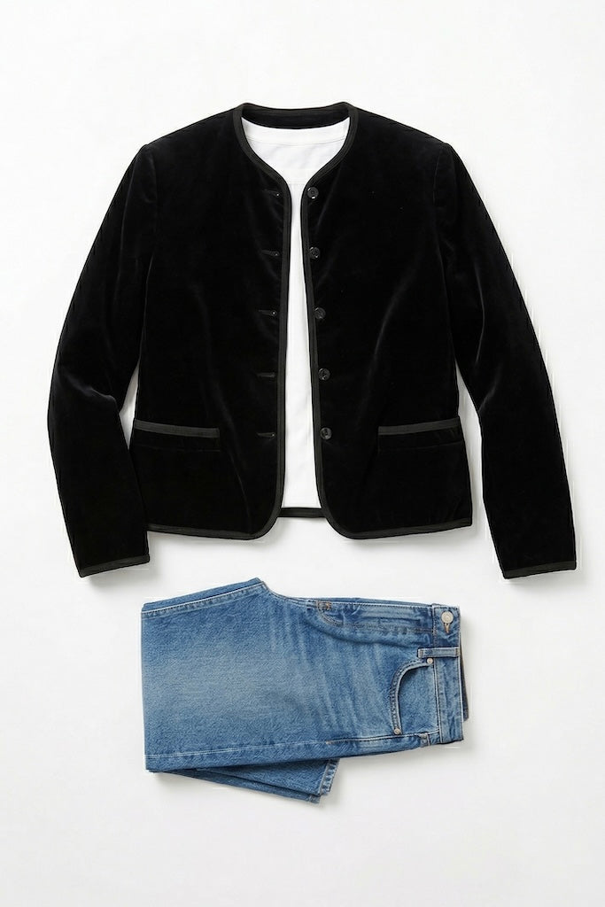 Vintage Black Velvet Blazer Jacket-ThisBlueBird