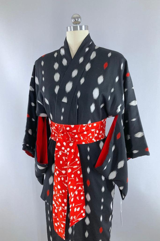 Vintage Black &amp; White Ikat Dots Silk Kimono-ThisBlueBird