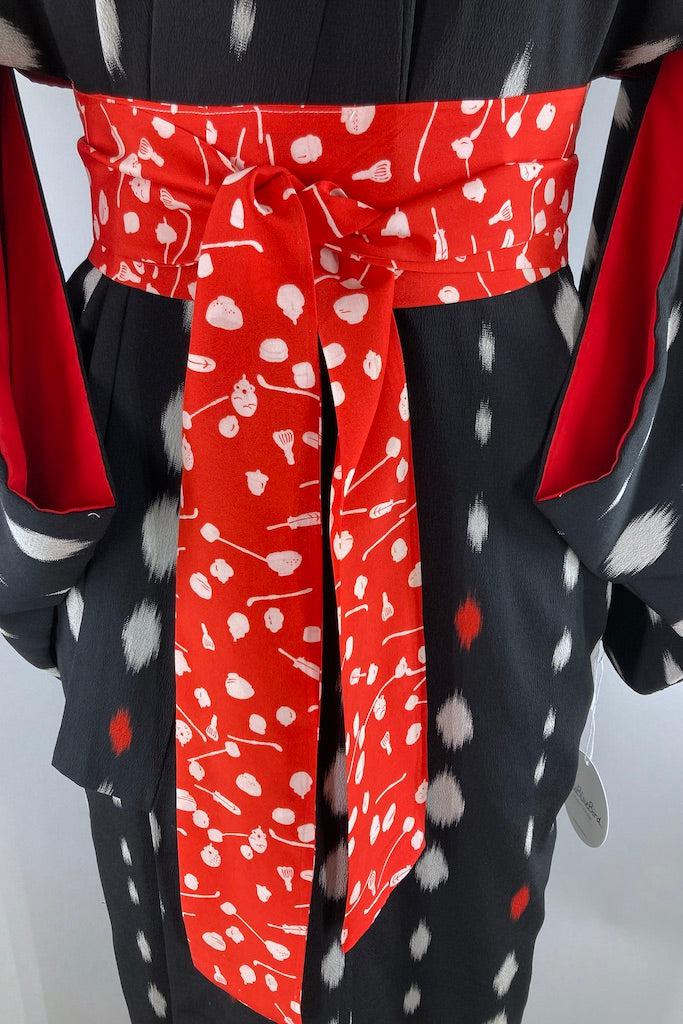 Vintage Black &amp; White Ikat Dots Silk Kimono-ThisBlueBird
