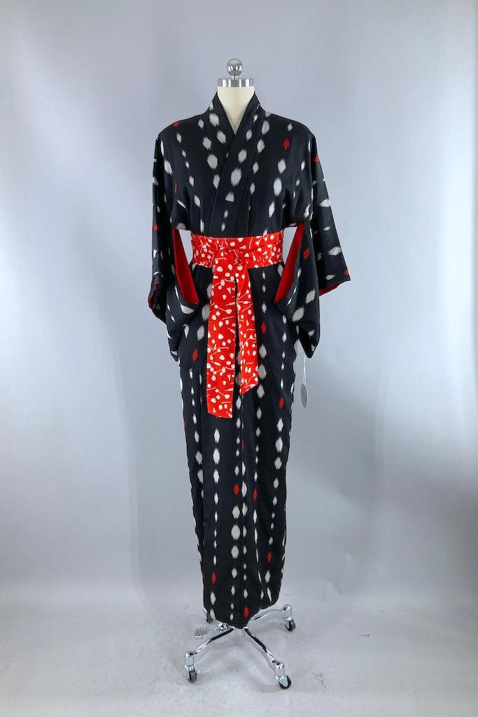 Vintage Black &amp; White Ikat Dots Silk Kimono-ThisBlueBird