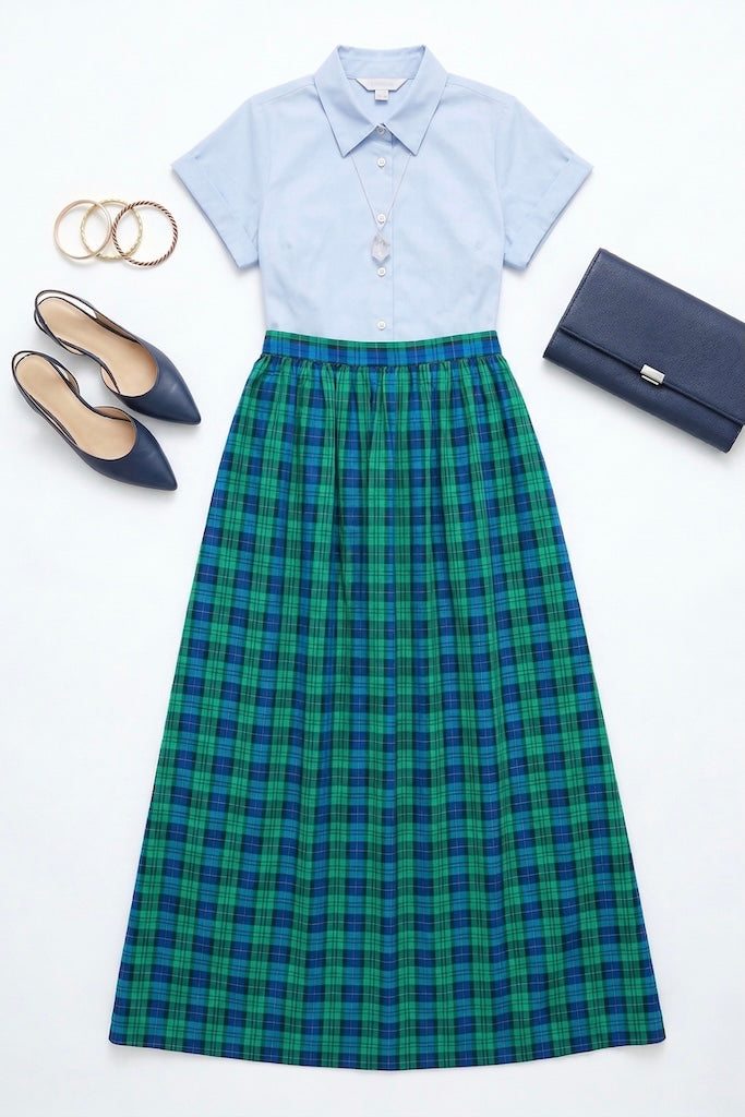 Vintage Blue and Green Plaid Maxi Skirt-ThisBlueBird