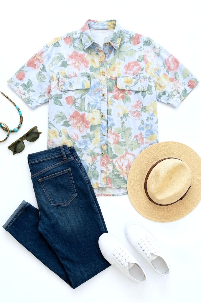 Vintage Blue Chambray Floral Print Blouse-ThisBlueBird