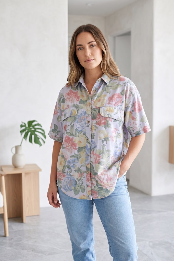 Vintage Blue Chambray Floral Print Blouse-ThisBlueBird
