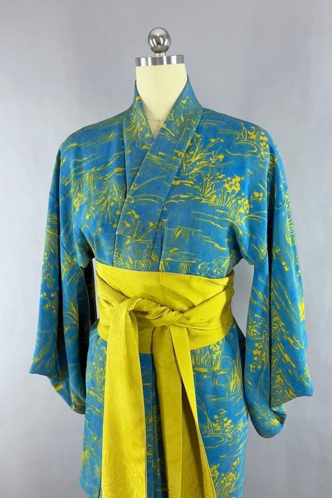 Vintage Blue & Chartreuse Silk Kimono-ThisBlueBird