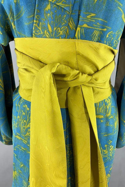 Vintage Blue & Chartreuse Silk Kimono-ThisBlueBird