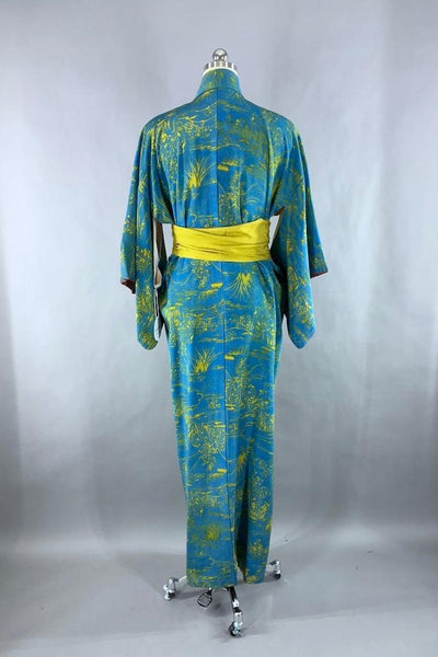 Vintage Blue & Chartreuse Silk Kimono-ThisBlueBird