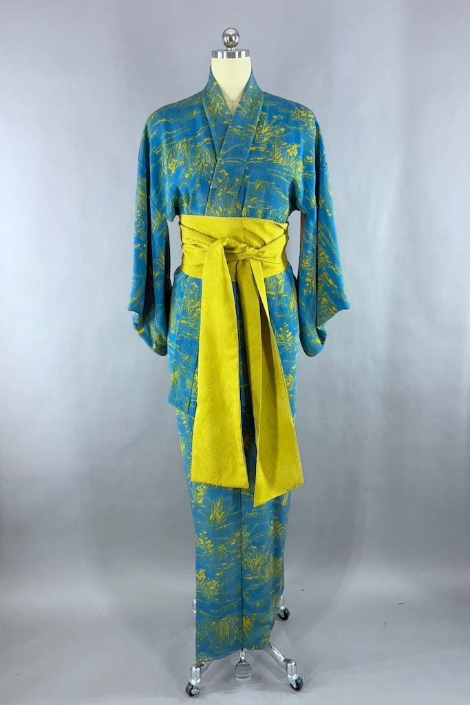 Vintage Blue & Chartreuse Silk Kimono-ThisBlueBird