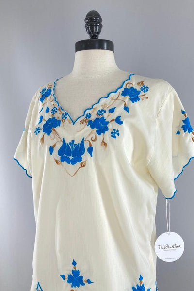 Vintage Blue Embroidered Mexican Blouse-ThisBlueBird