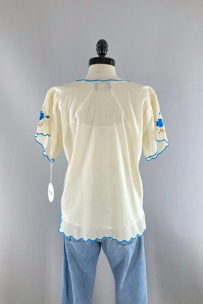 Vintage Blue Embroidered Mexican Blouse-ThisBlueBird