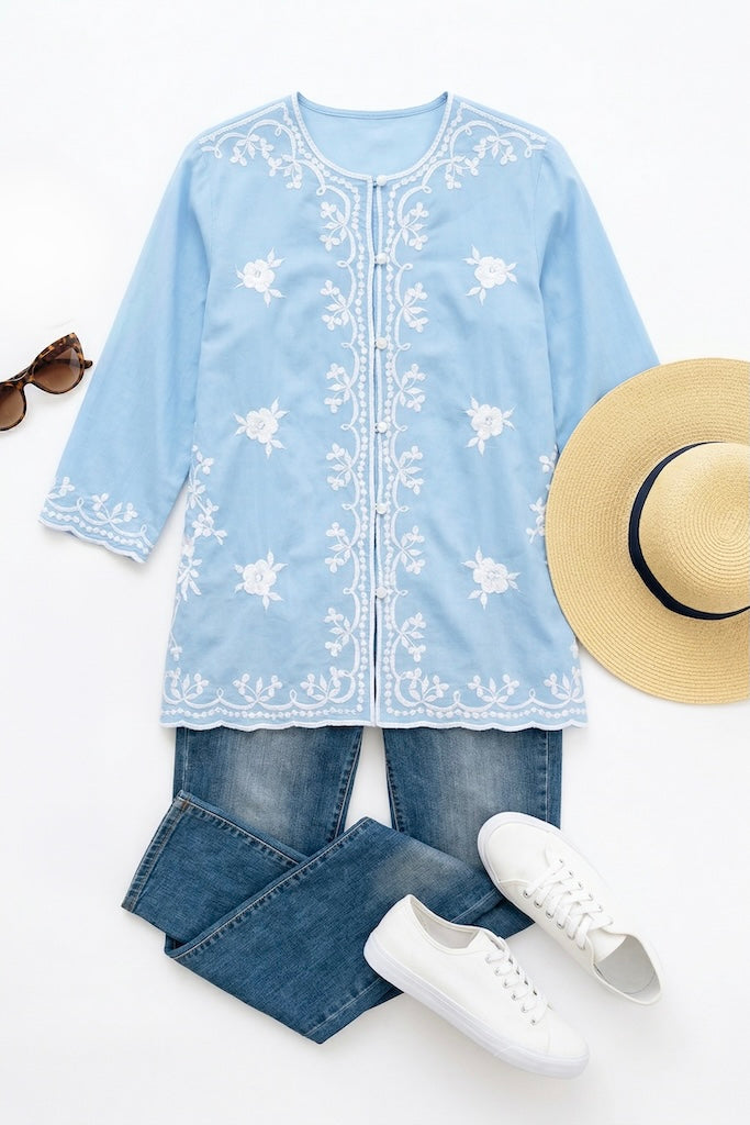 Vintage Blue Embroidered Tunic-ThisBlueBird