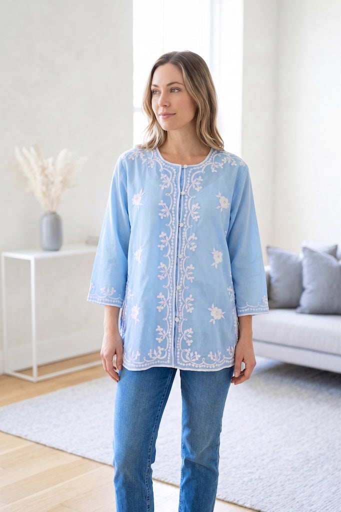 Vintage Blue Embroidered Tunic-ThisBlueBird