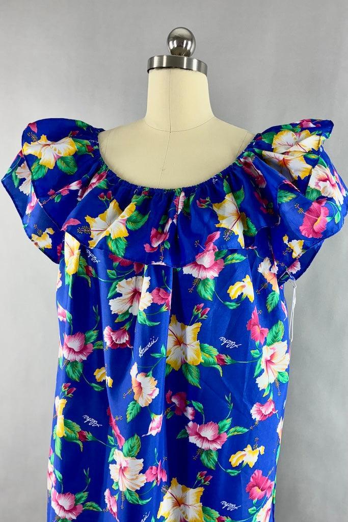 Vintage Blue Floral Print Hawaiian Caftan Dress-ThisBlueBird