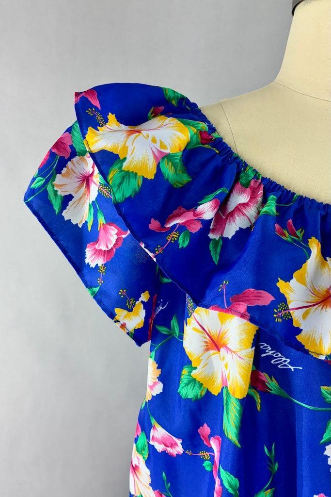 Vintage Blue Floral Print Hawaiian Caftan Dress-ThisBlueBird