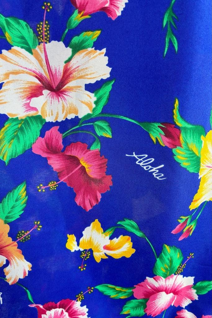 Vintage Blue Floral Print Hawaiian Caftan Dress-ThisBlueBird