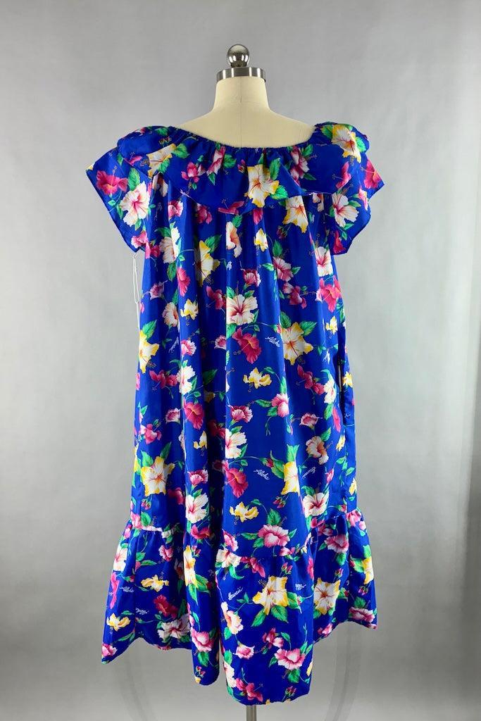 Vintage Blue Floral Print Hawaiian Caftan Dress-ThisBlueBird