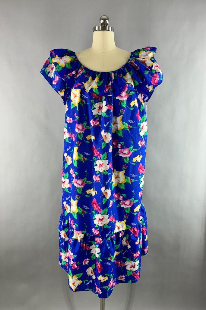 Vintage Blue Floral Print Hawaiian Caftan Dress-ThisBlueBird