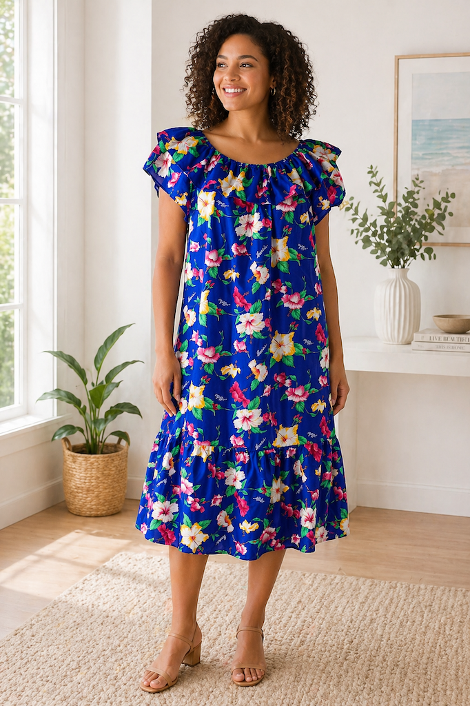 Vintage Blue Floral Print Hawaiian Caftan Dress-ThisBlueBird