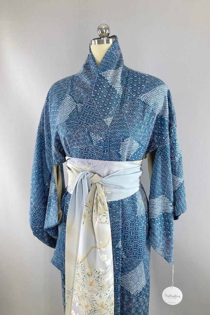 Vintage Blue Geometric Shibori Silk Kimono-ThisBlueBird