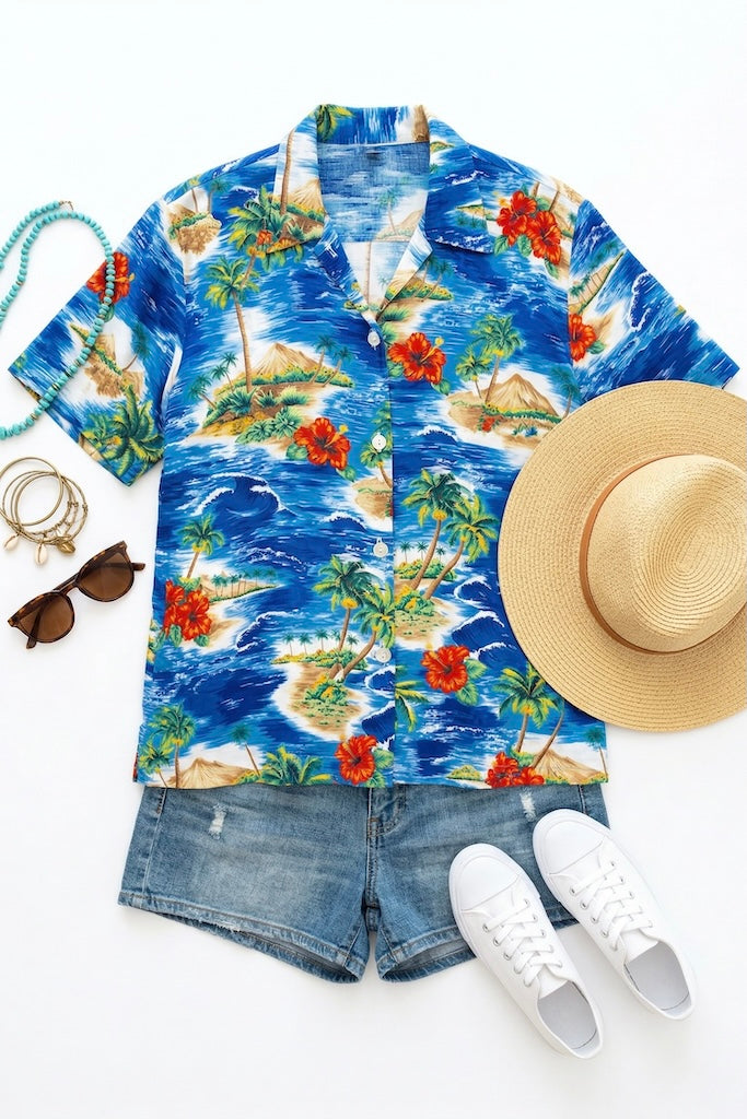 Vintage Blue Hawaiian Print Blouse-ThisBlueBird