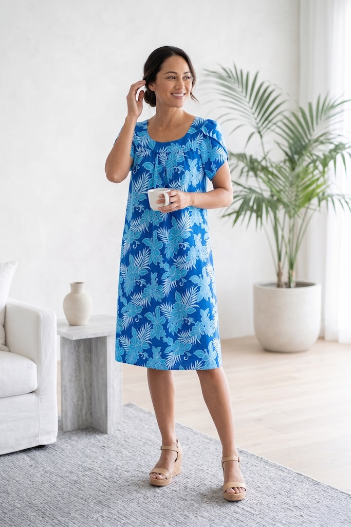 Vintage Blue Hawaiian Print Dress-ThisBlueBird