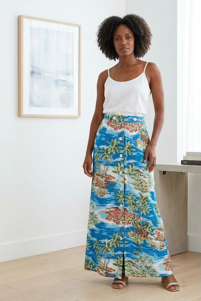 Vintage Blue Hawaiian Print Maxi Skirt-ThisBlueBird