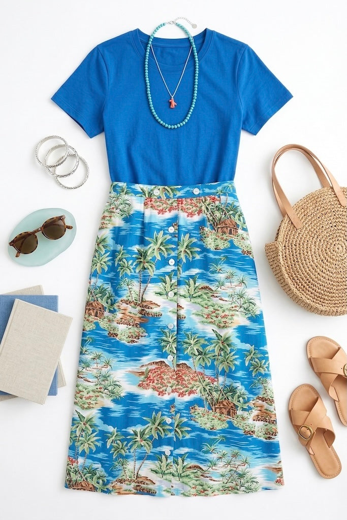 Vintage Blue Hawaiian Print Maxi Skirt-ThisBlueBird