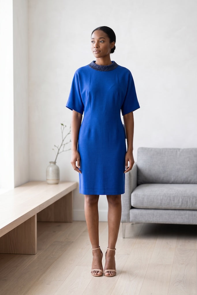Vintage Blue Knit Dress with Beaded Collar-ThisBlueBird