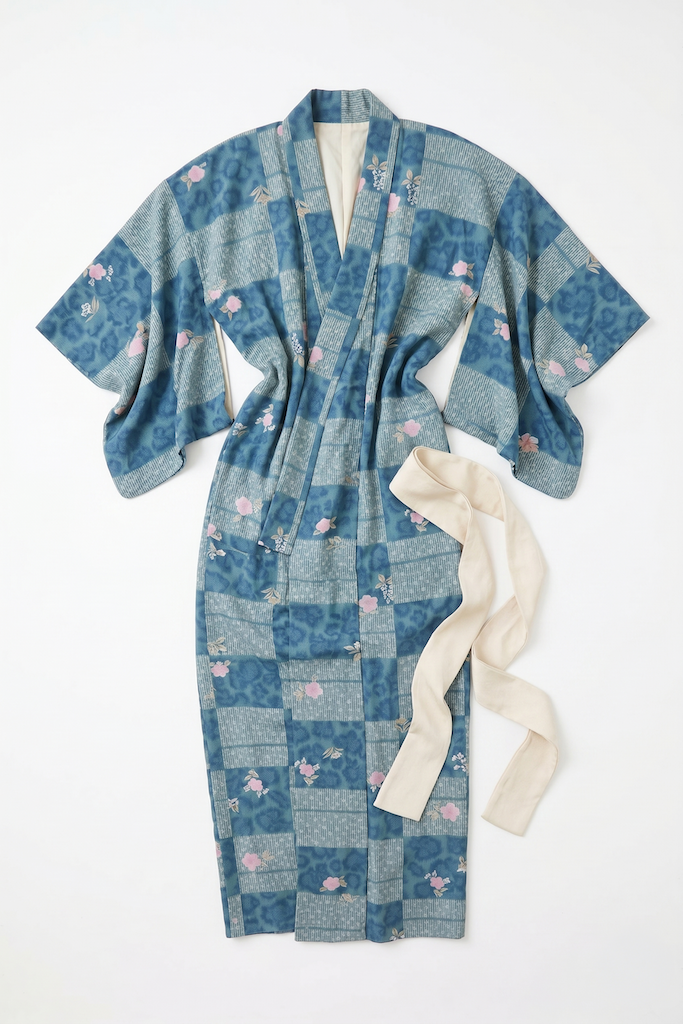 Vintage Blue & Lavender Floral Kimono Robe-ThisBlueBird