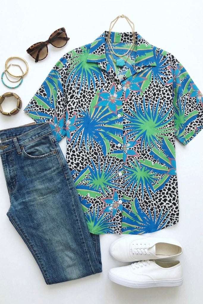 Vintage Blue Leopard Floral Print Shirt-ThisBlueBird