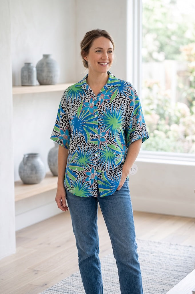 Vintage Blue Leopard Floral Print Shirt-ThisBlueBird