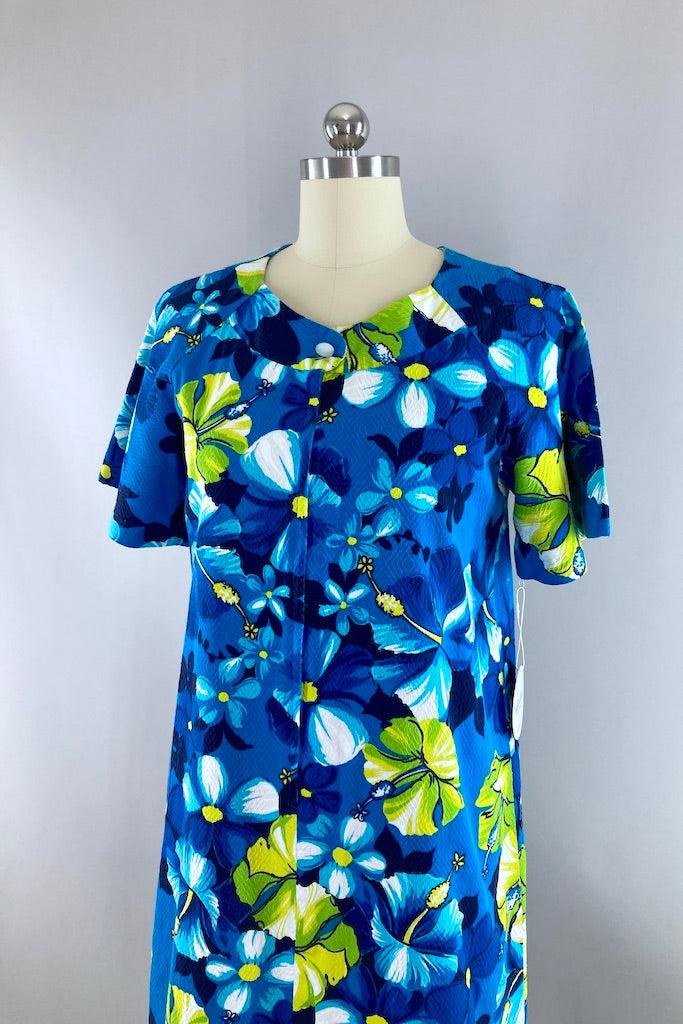 Vintage Blue &amp; Lime Floral Hawaiian Print Dress-ThisBlueBird
