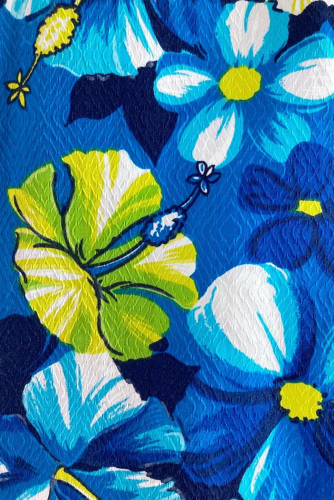 Vintage Blue &amp; Lime Floral Hawaiian Print Dress-ThisBlueBird