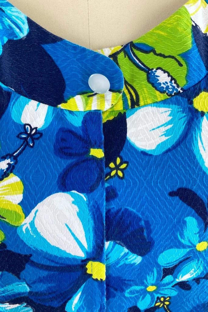 Vintage Blue &amp; Lime Floral Hawaiian Print Dress-ThisBlueBird