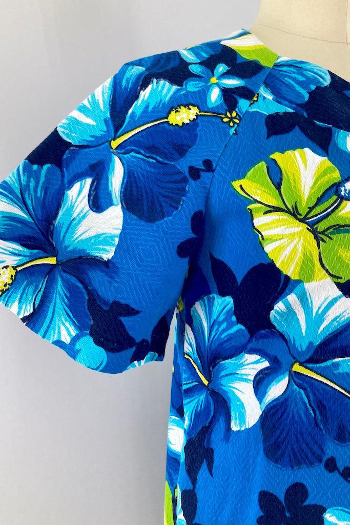 Vintage Blue &amp; Lime Floral Hawaiian Print Dress-ThisBlueBird
