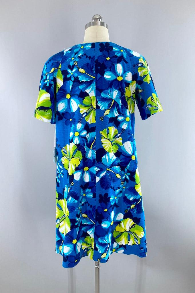 Vintage Blue &amp; Lime Floral Hawaiian Print Dress-ThisBlueBird