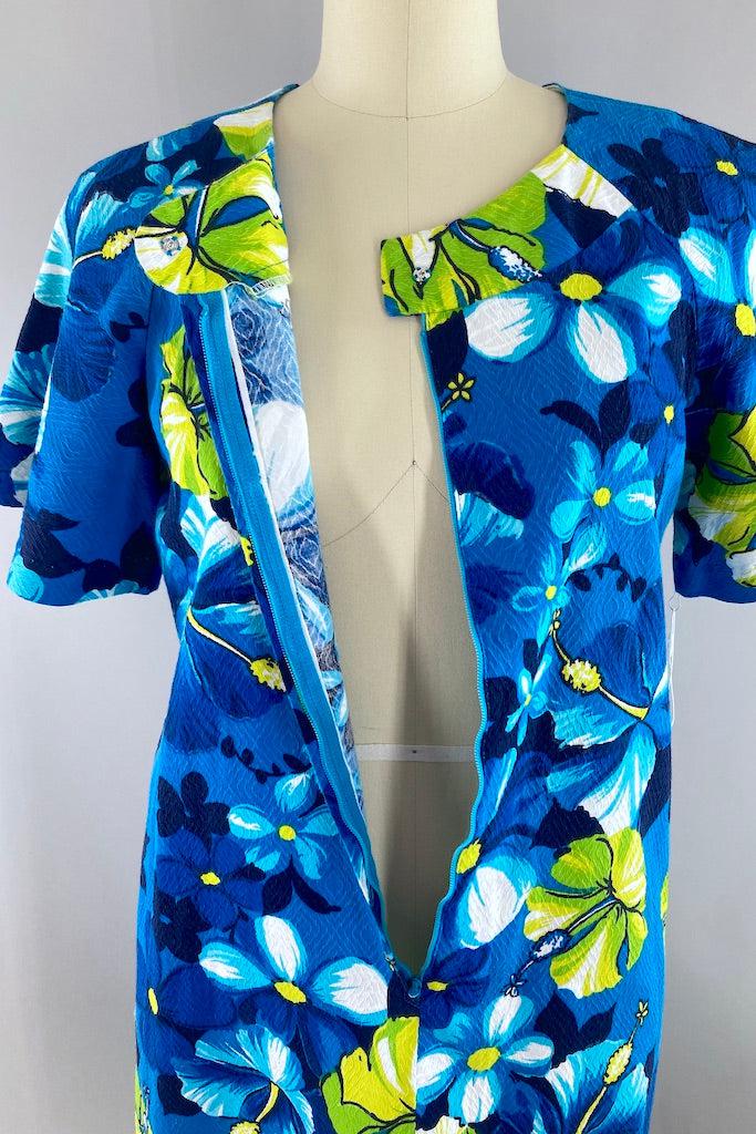 Vintage Blue &amp; Lime Floral Hawaiian Print Dress-ThisBlueBird