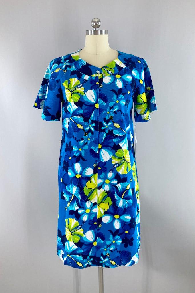 Vintage Blue &amp; Lime Floral Hawaiian Print Dress-ThisBlueBird