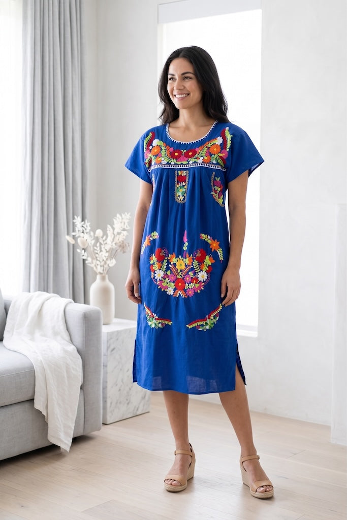 Vintage Blue Mexican Embroidered Caftan-ThisBlueBird