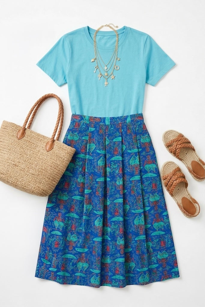 Vintage Blue Midi Skirt with Umbrella Novelty Print-ThisBlueBird